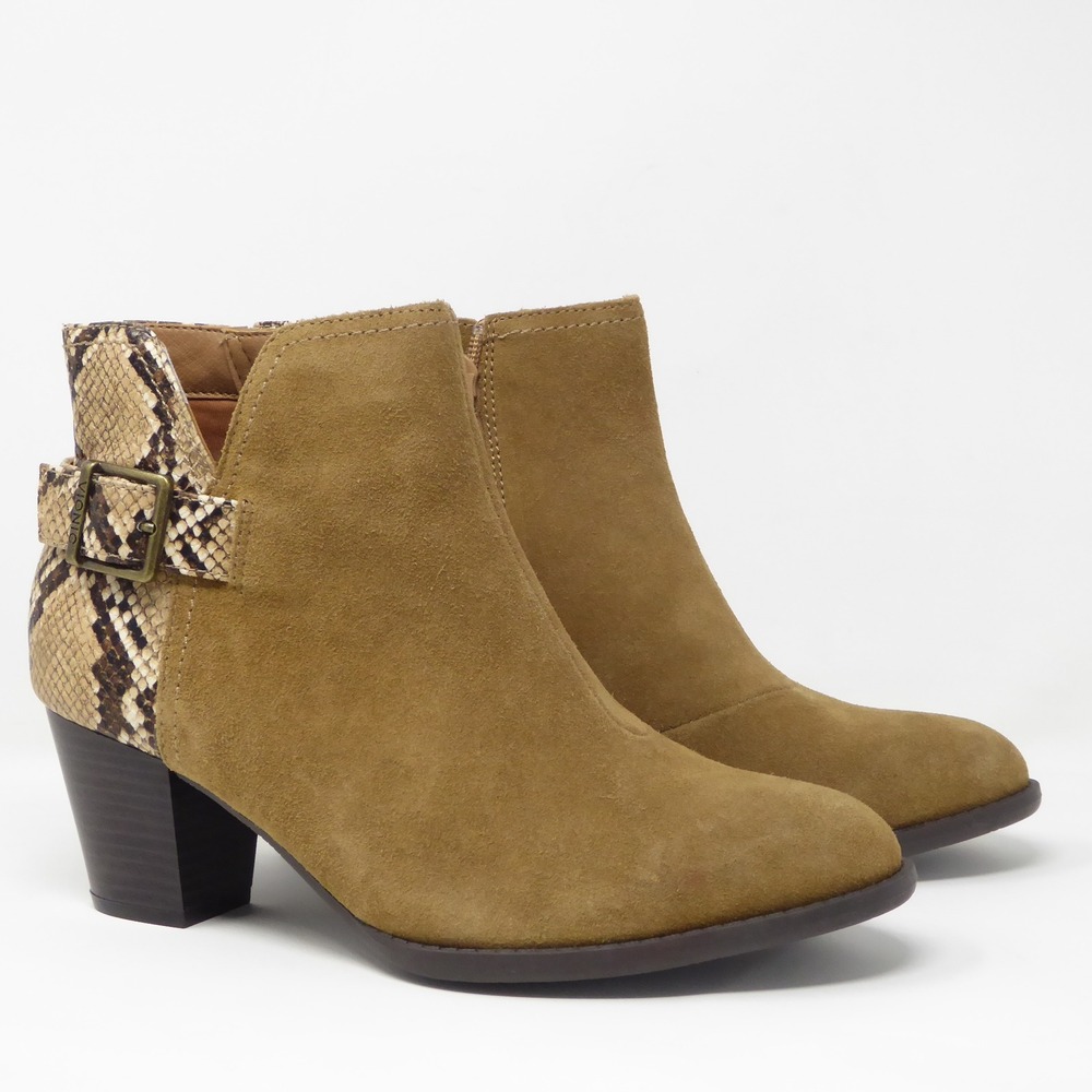 Vionic Naomi Snake Print Beige Suede Leather Ankle Booties Boots Size 8